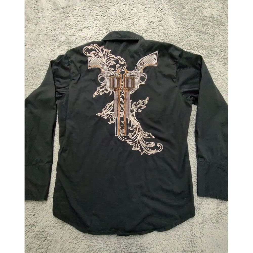 Roper Embroidered Shirt Men's L Guns Pistols Smile Pockets Black Snap Western - Picture 11 of 11